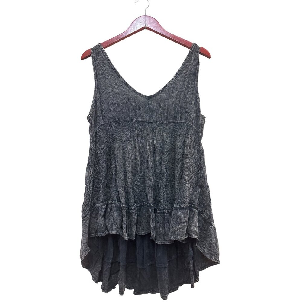 Altard State S Black & Gray Sleeveless High-Low Ruffle Hem Top With Tie-Back Des